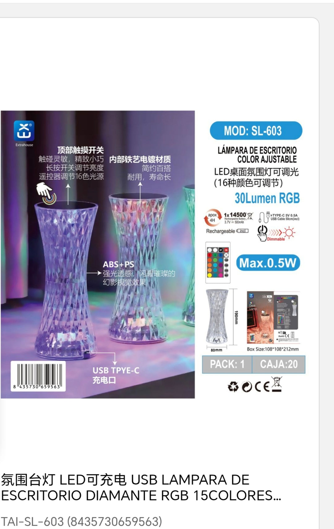 Lámpara de escritorio diamante RGB 15 colores forma curvada con mando máx 30Lm