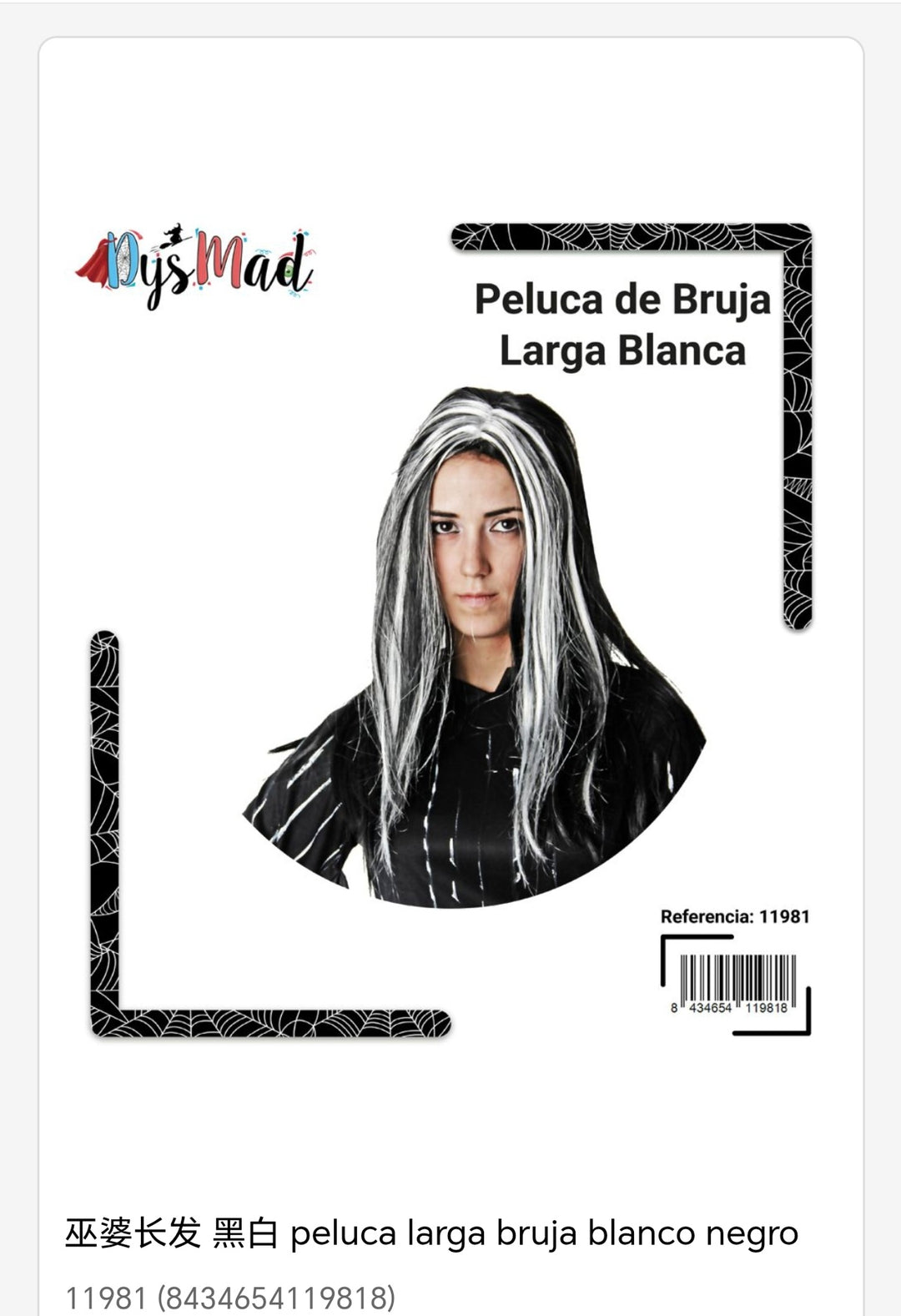 Peluca brujas largo blanca negro