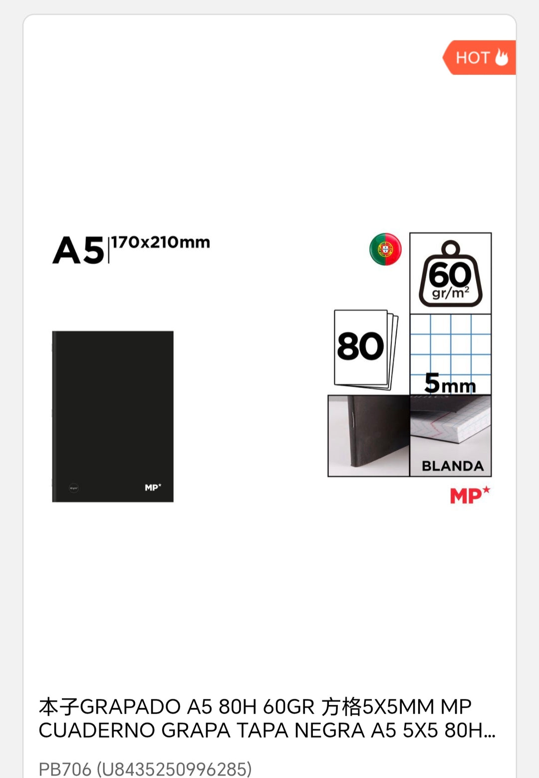 Cuaderno tapa negro a5 80 hojas 60g/m