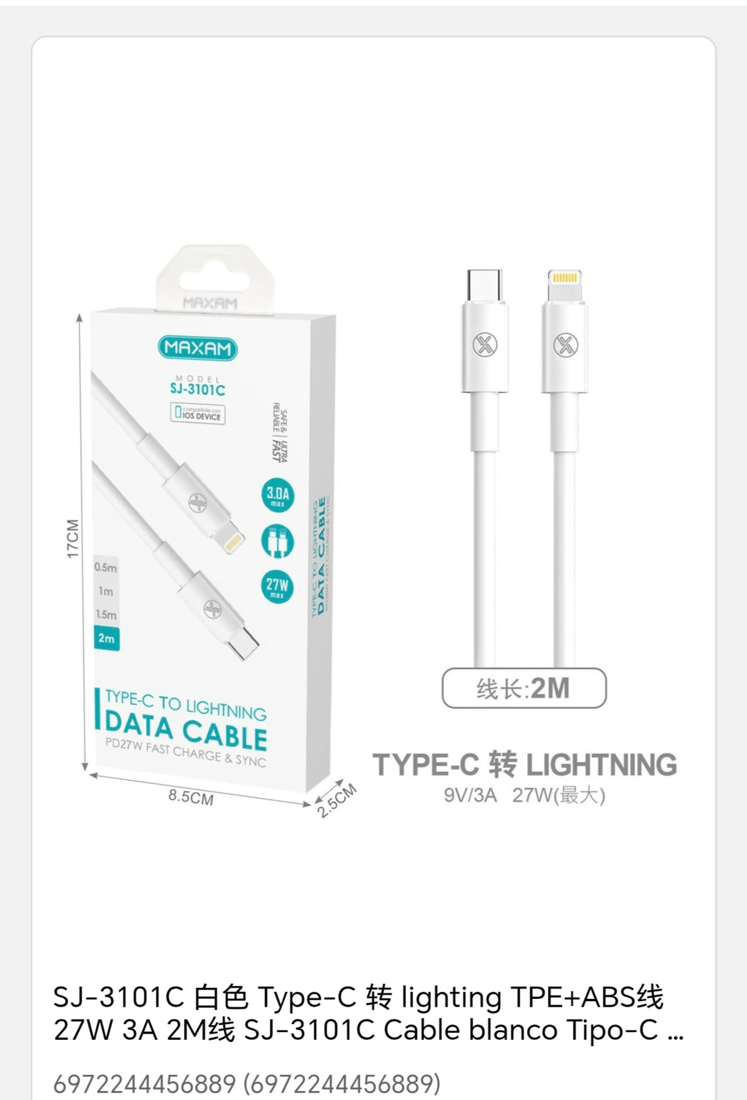 Cable tipo-c Lightning 2 M 3A