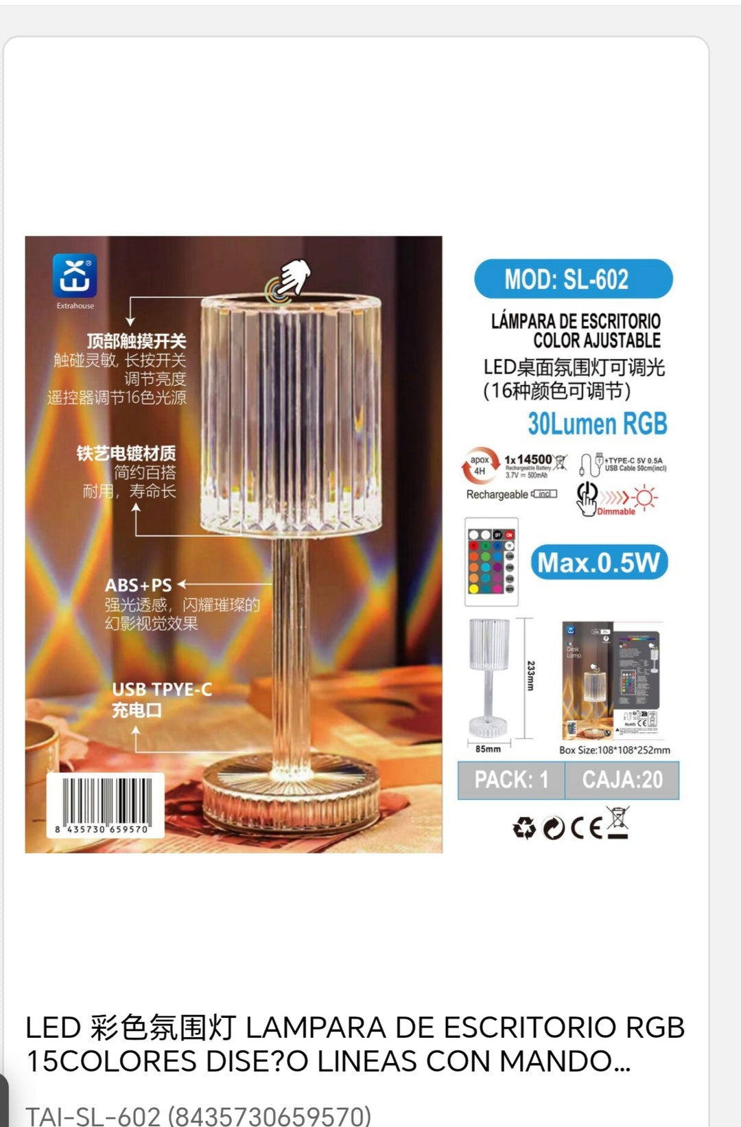 Lámpara de escritorio RGB 15 colores líneas con mando máx 30 lm