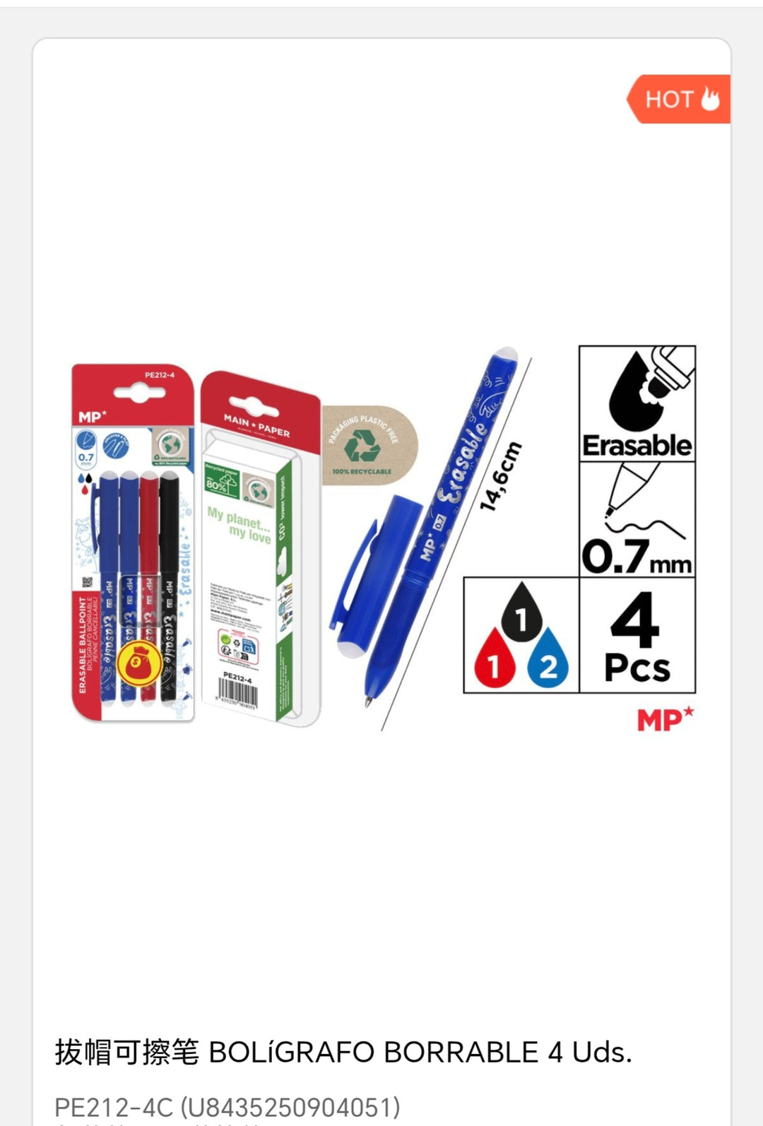 Bolígrafo borrable 4 uds