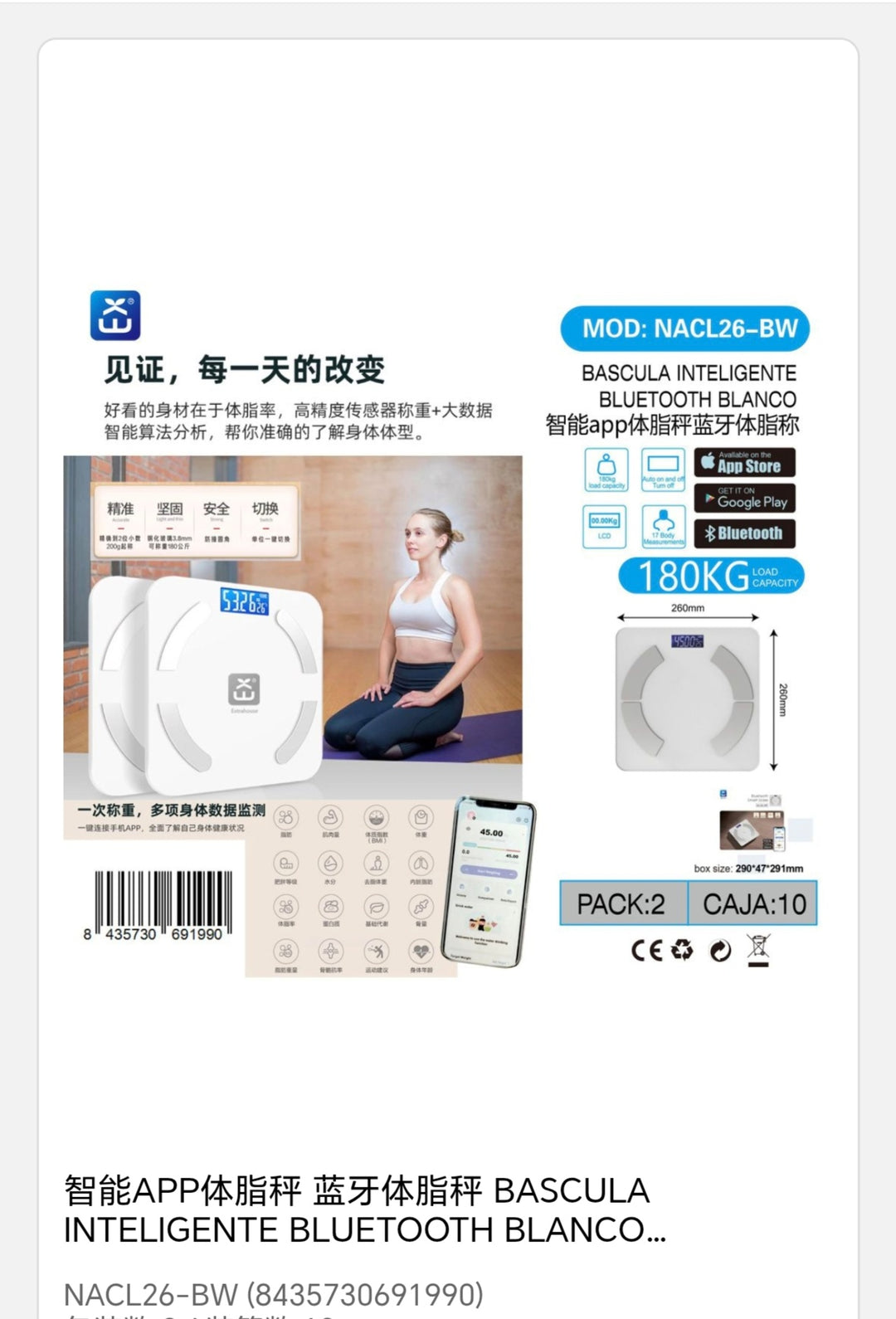 Báscula inteligente Bluetooth blanco 17 medidas func 2xAAA