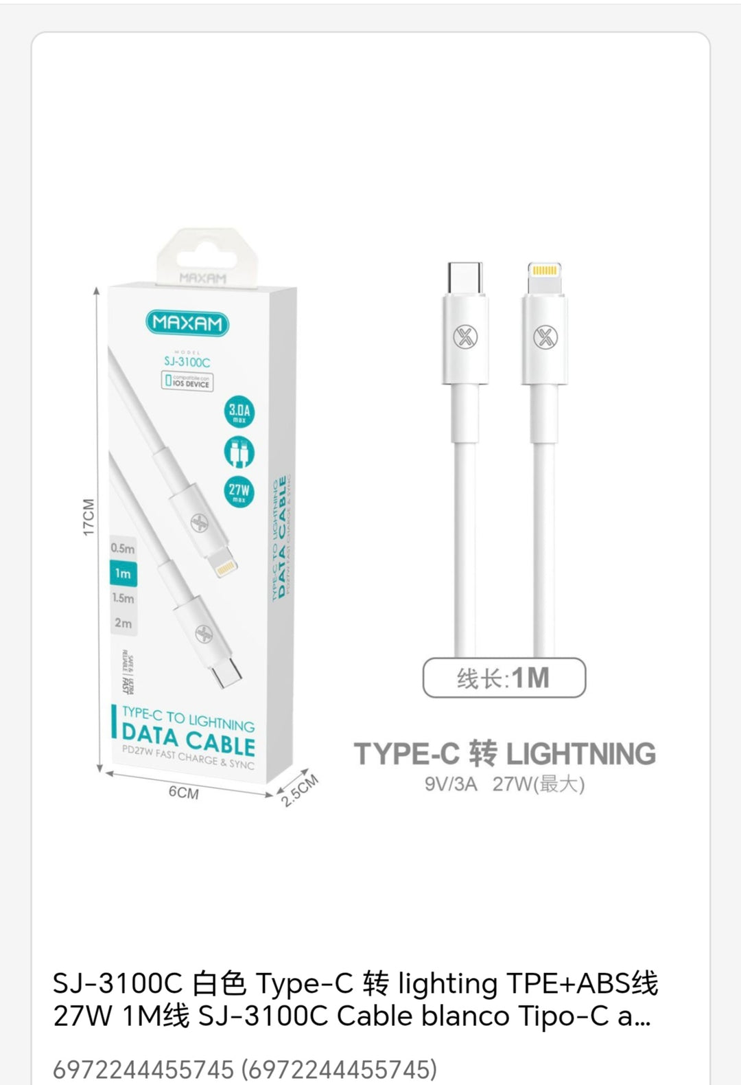 Cables Lightning Tipo-c 1M  3A