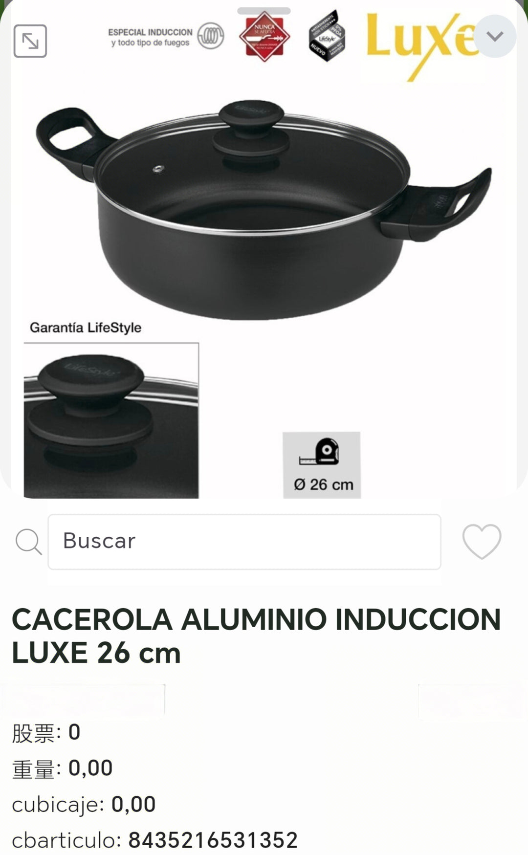 Cacerola aluminio inducción luxe 26cm