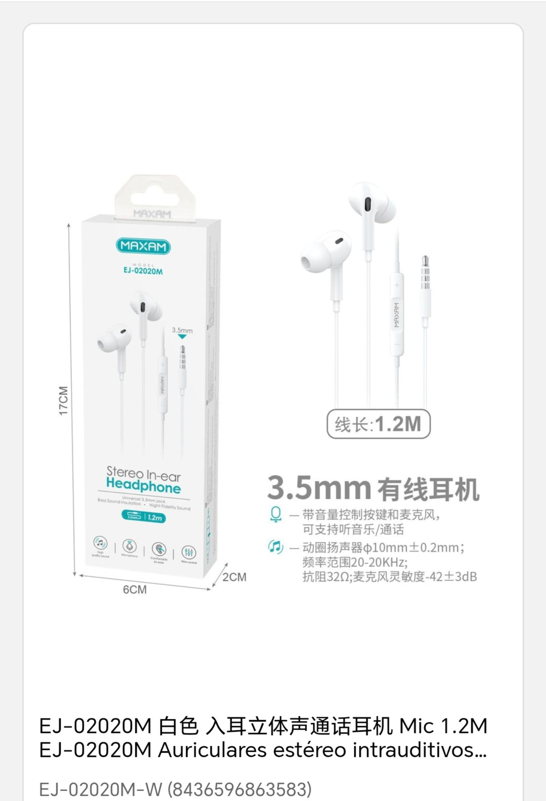 Auricular estreo intrauditivos blanco con Mic 1, 20m