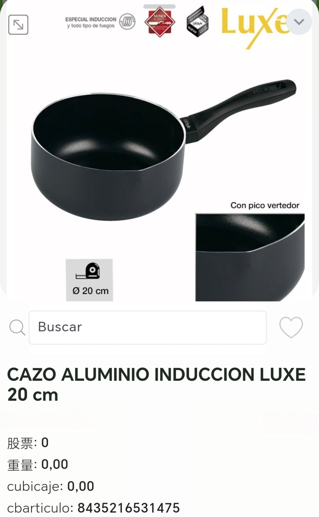 cazo aluminio inducción luxe 20cm