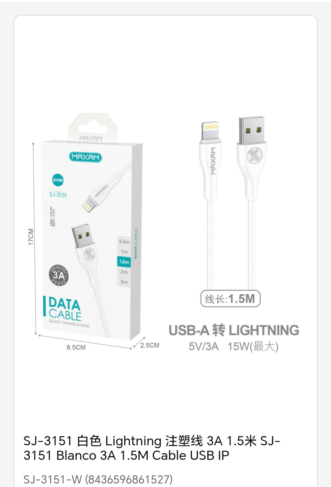 cable Lightning USB 1. 5M 3A