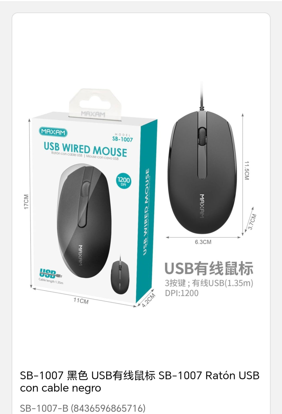 Rato usb con cable negro