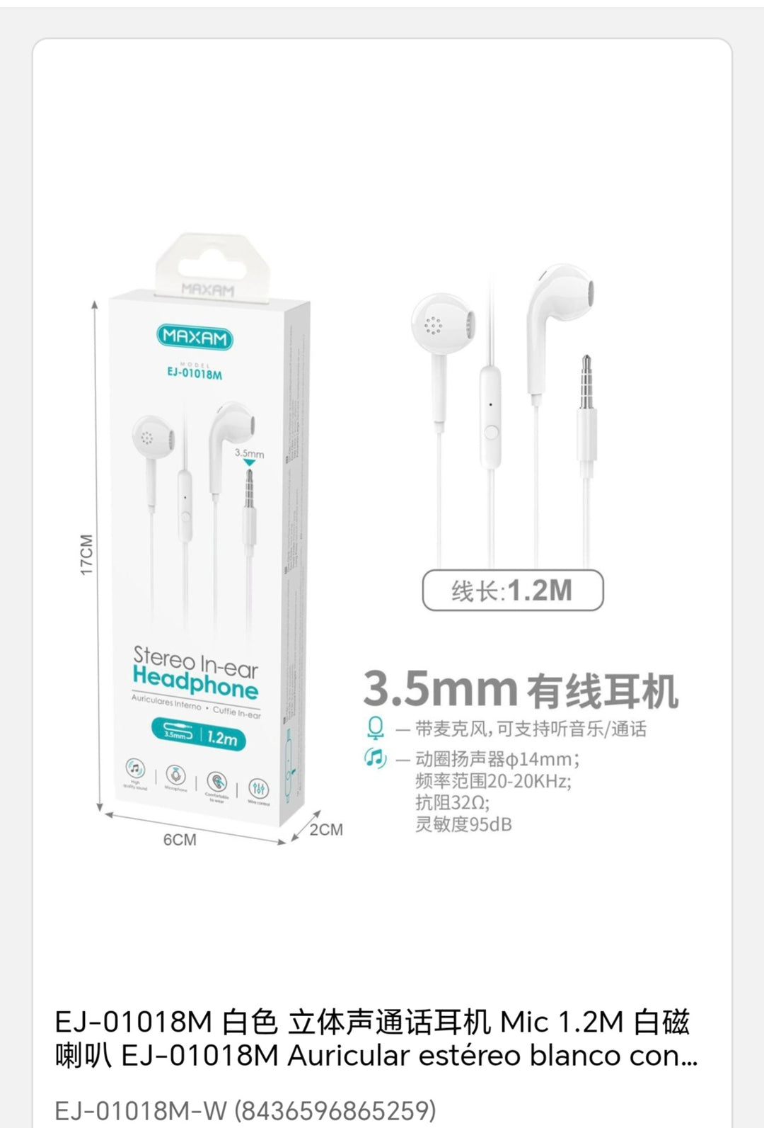 Auricular estreo blanco con Mic 1, 20m altavoz