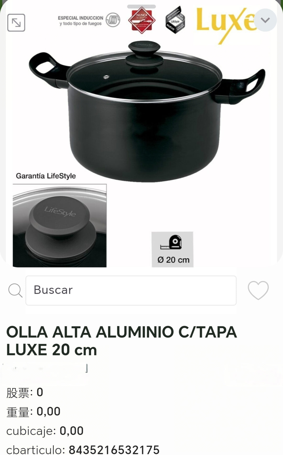 olla alta aluminio c/tapa luxe 20cm