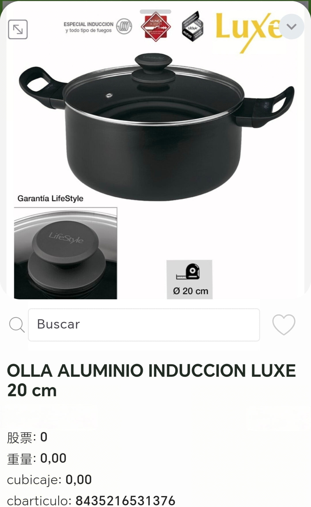 olla aluminio inducción luxe 20cm