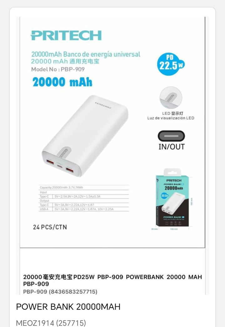 Batería para móvil con carga rápido 20000 mah 22. 5W