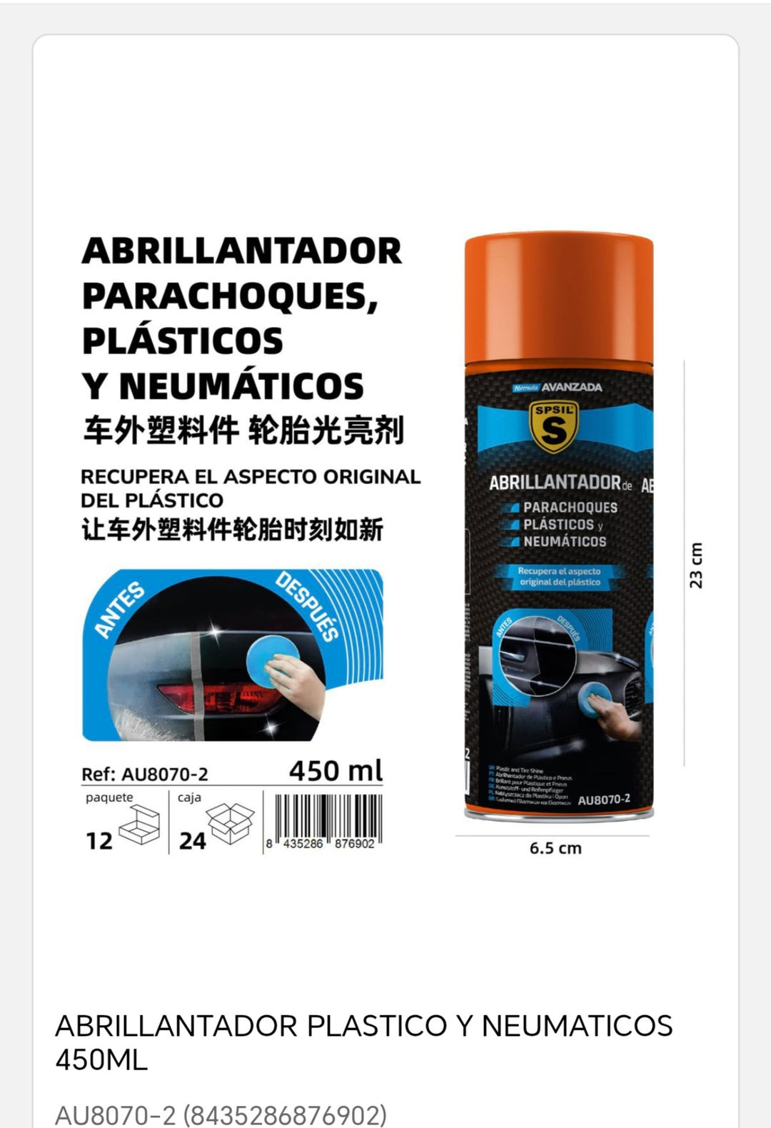 Abrillantador parachoques plástico y neumáticos 450ml