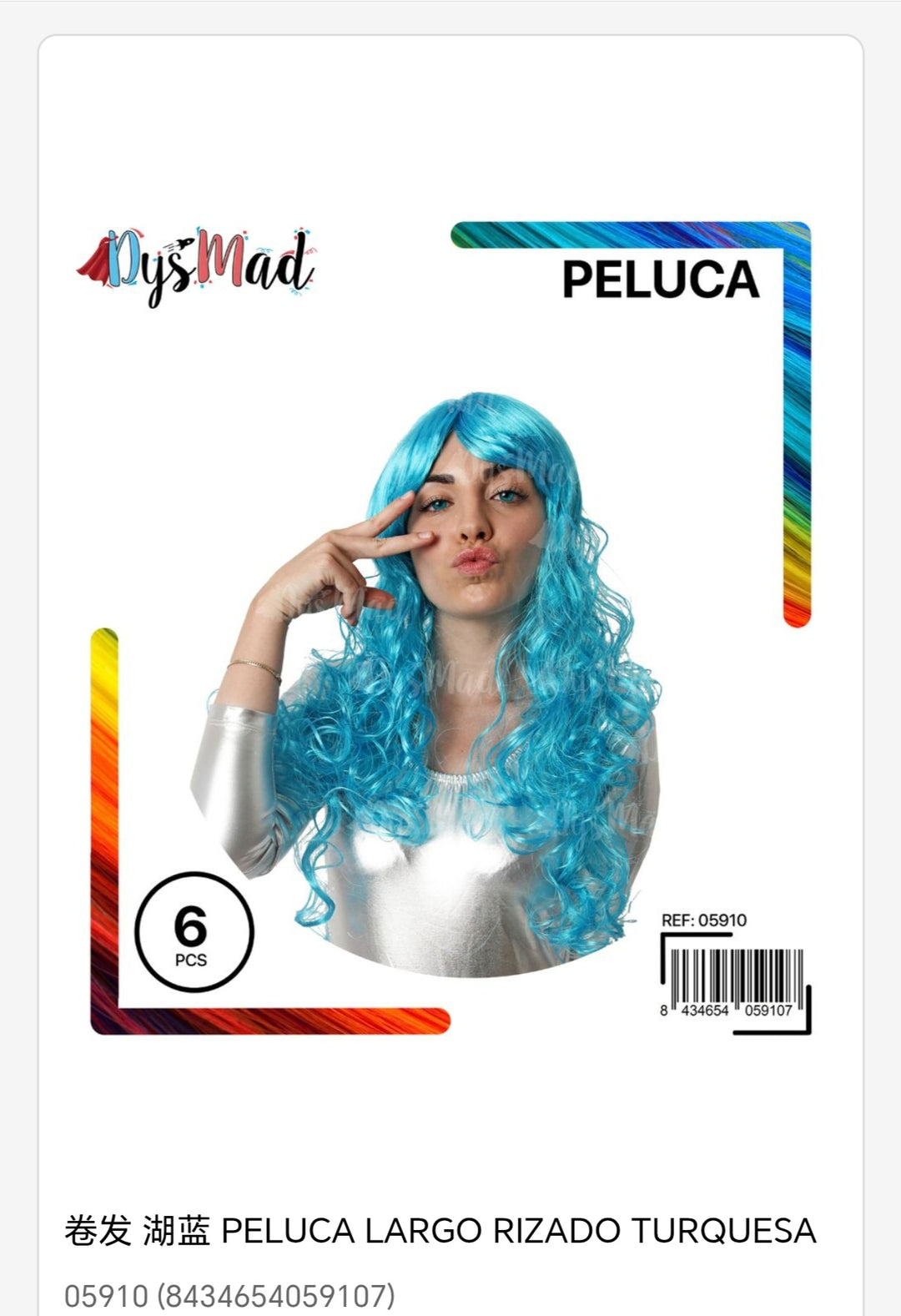 Peluca largo lizado turquesa