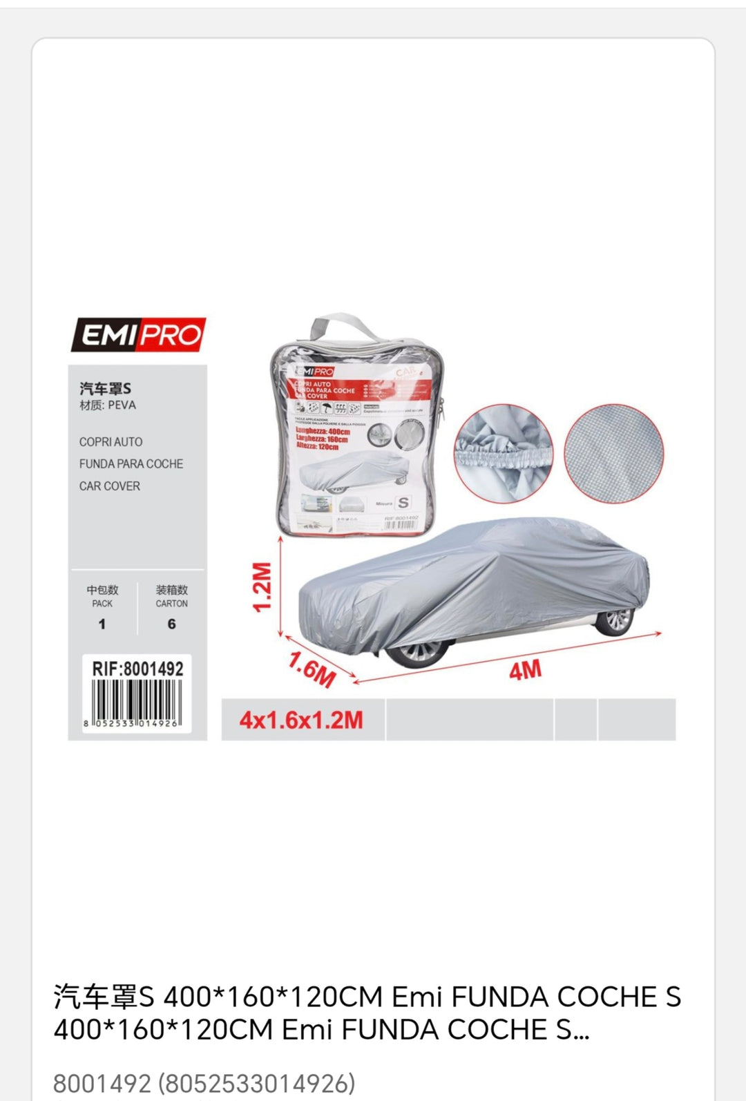 funda coche talla s  400*160*120cm