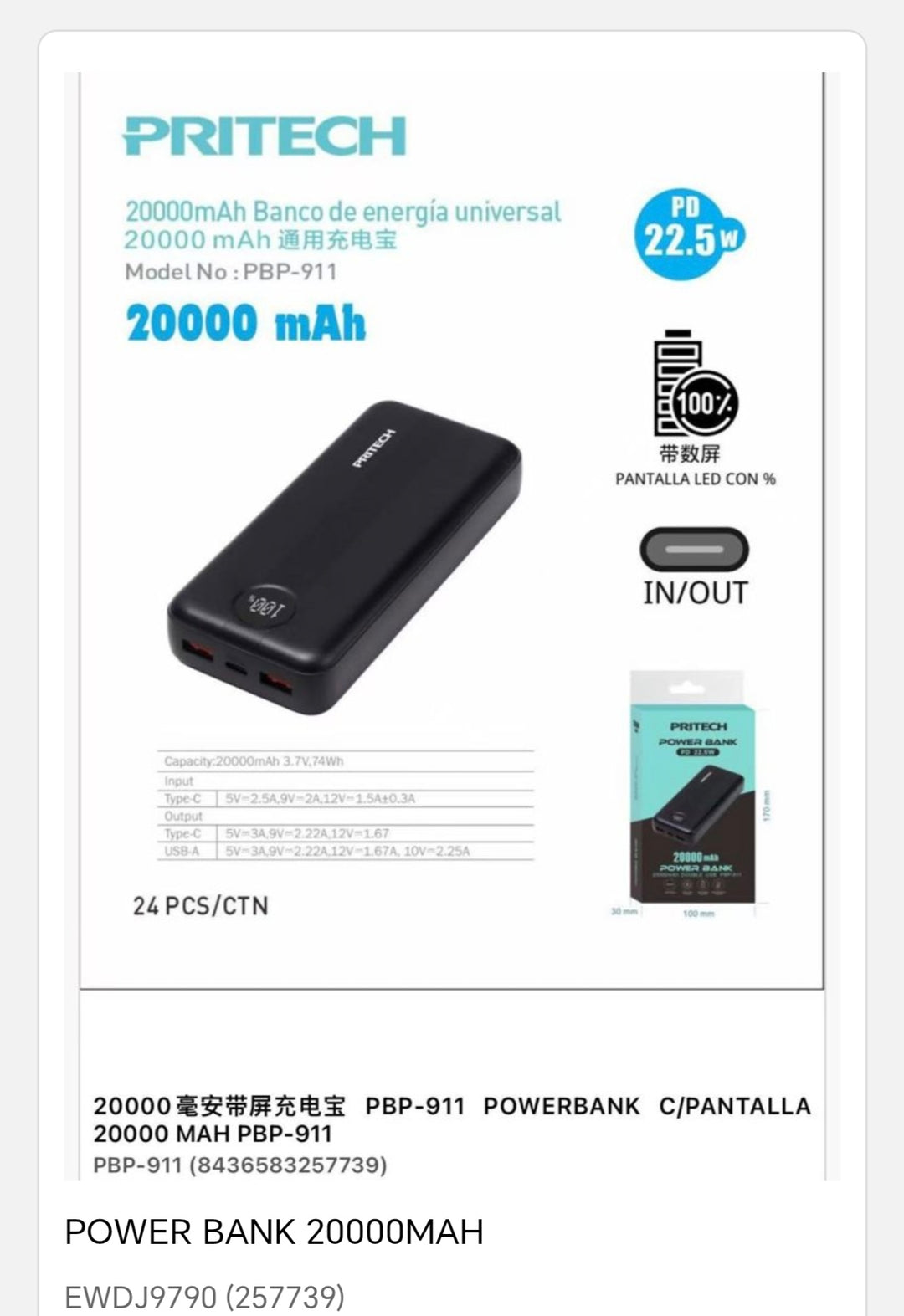 Batería para móvil con carga rápido 20000 mah 22. 5W