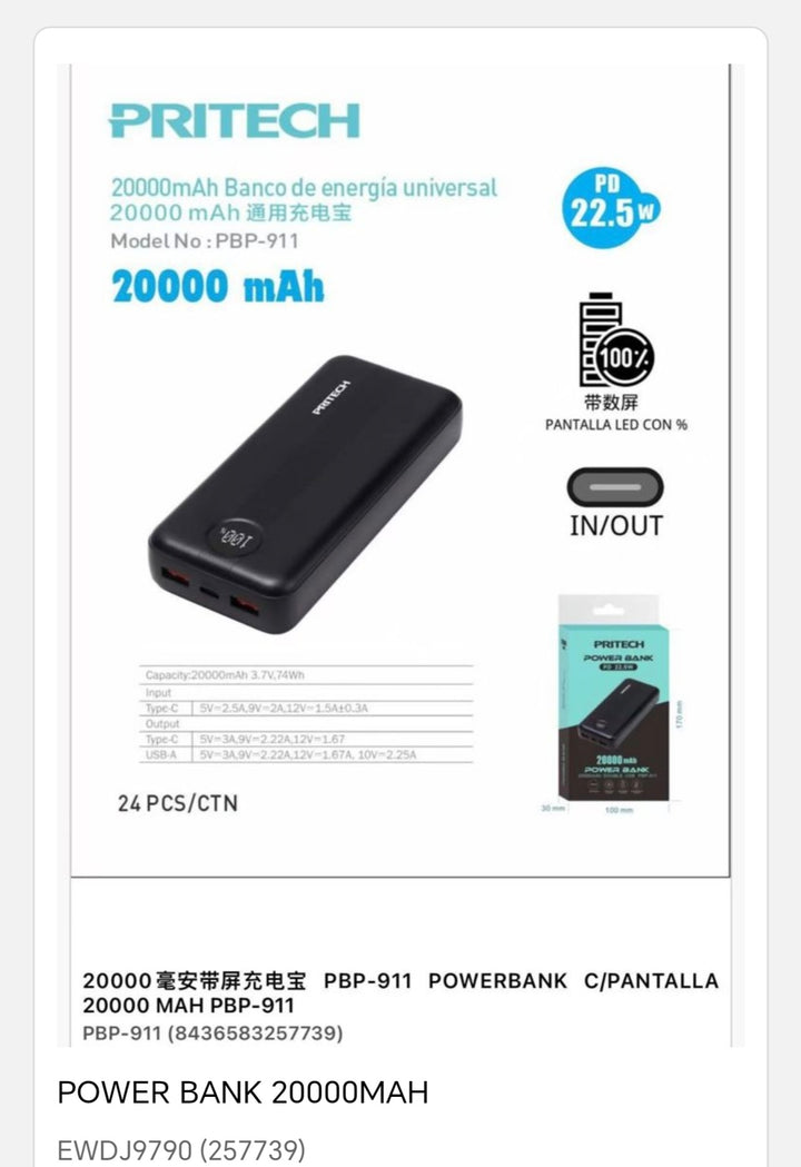 Batería para móvil con carga rápido 20000 mah 22. 5W