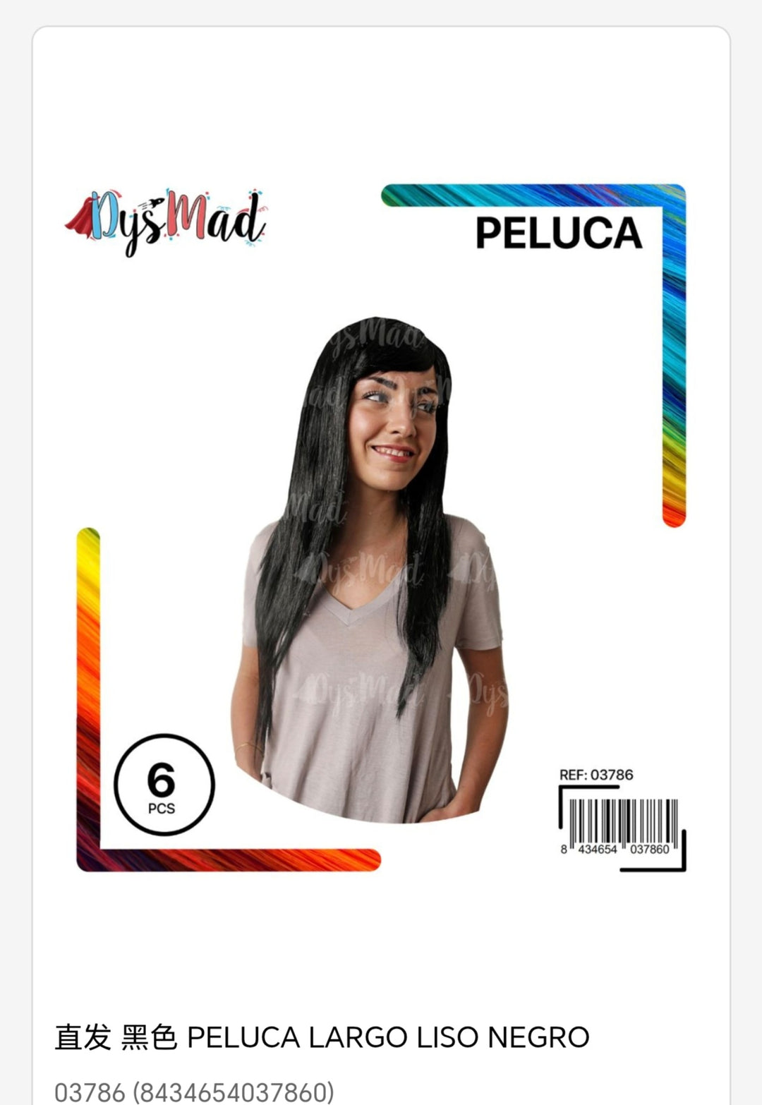 Peluca largo liso negro