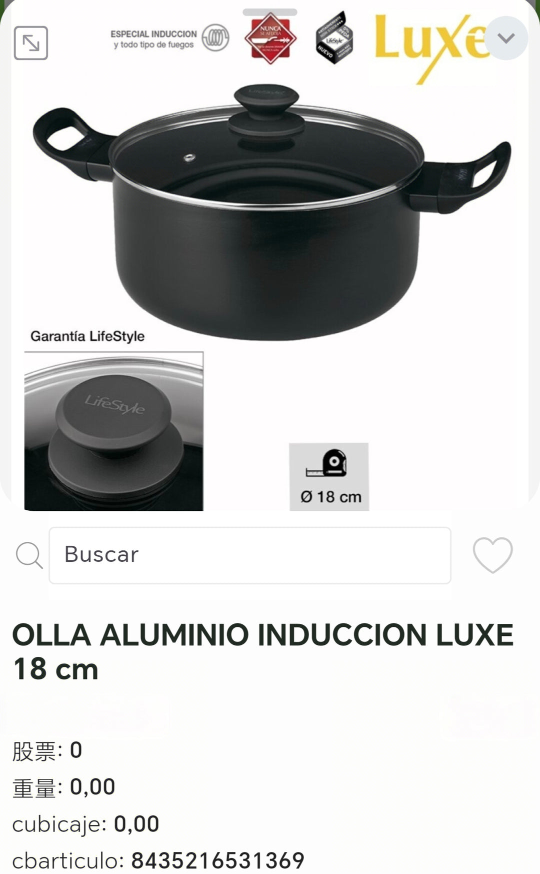 olla aluminio inducción luxe 18cm